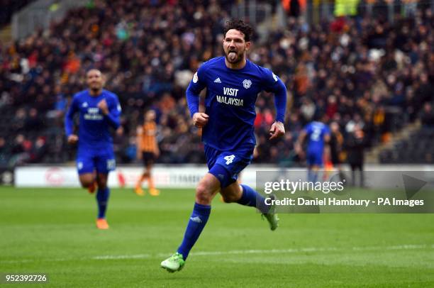 Cardiff City's Sean Morrison celebrates scoring his side's second goal of the game during the Sky Bet Championship match at the KCOM Stadium, Hull.