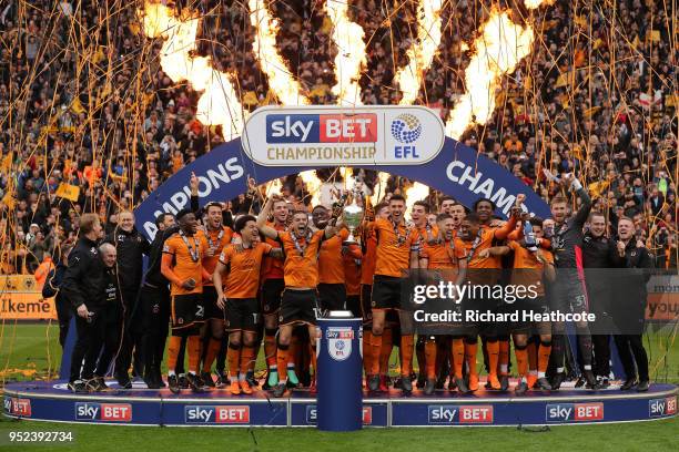 Wolverhampton Wanderers celebrate winning the Sky Bet Championship after the Sky Bet Championship match between Wolverhampton Wanderers and Sheffield...