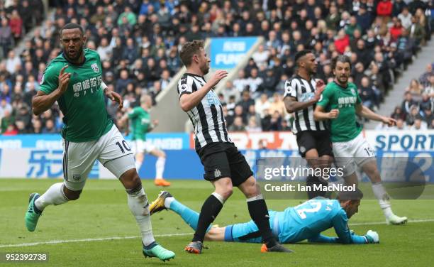 Matt Phillips of West Bromwich Albion celebrates after scoring during the Premier League match between Newcastle United and West Bromwich Albion at...