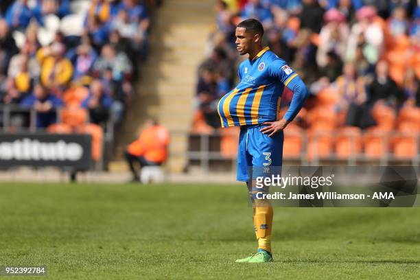 Max Lowe of Shrewbury Town during the Sky Bet League One match between Blackpool and Shrewsbury Town at Bloomfield Road on April 28, 2018 in...
