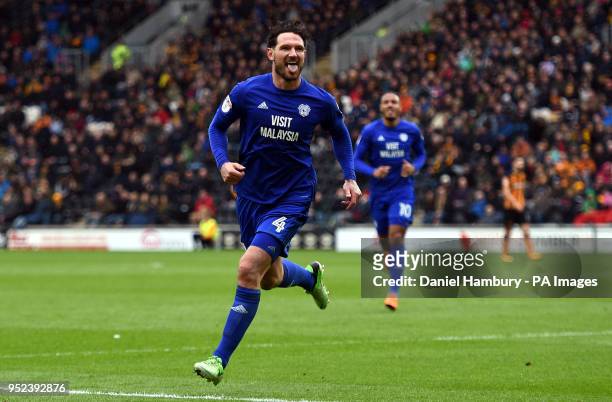 Cardiff City's Sean Morrison celebrates scoring his side's second goal of the game during the Sky Bet Championship match at the KCOM Stadium, Hull.