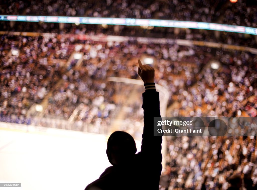 Sports fan cheering at hockey game