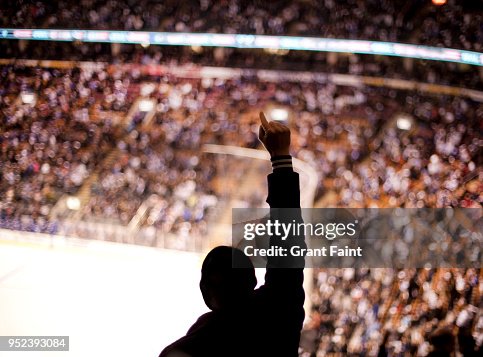 Sports fan cheering at hockey game Sports fan cheering at hockey game