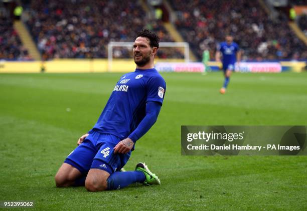 Cardiff City's Sean Morrison celebrates scoring his side's second goal of the game during the Sky Bet Championship match at the KCOM Stadium, Hull.