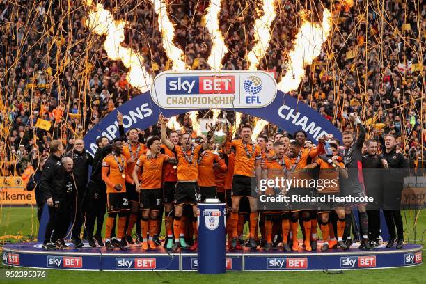 Wolverhampton Wanderers celebrate winning the Sky Bet Championship after the Sky Bet Championship match between Wolverhampton Wanderers and Sheffield...