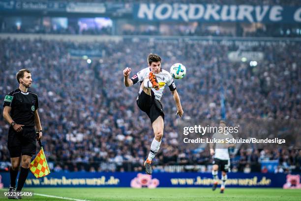 Jonas Hofmann of Moenchengladbach in action during the Bundesliga match between FC Schalke 04 and Borussia Moenchengladbach at Veltins-Arena on April...