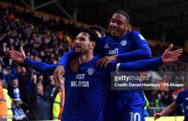 Cardiff City's Sean Morrison celebrates scoring his side's second goal of the game with Kenneth Zohore during the Sky Bet Championship match at the...