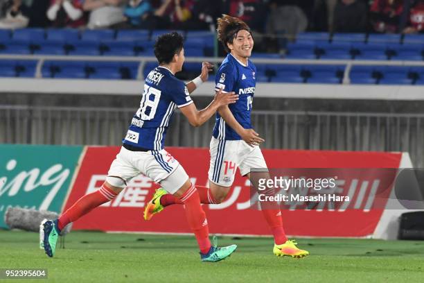 Jun Amano of Yokohama F.Marinos celebrates the second goal during the J.League J1 match between Yokohama F.Marinos and Kashima Antlers at Nissan...