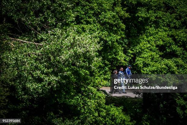 Fans of Schalke on their way to the stadium prior to the Bundesliga match between FC Schalke 04 and Borussia Moenchengladbach at Veltins-Arena on...