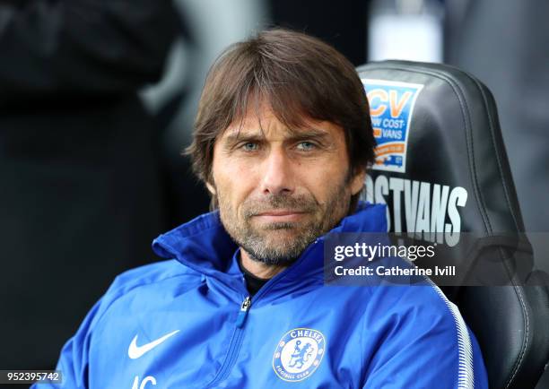 Antonio Conte, Manager of Chelsea looks on during the Premier League match between Swansea City and Chelsea at Liberty Stadium on April 28, 2018 in...