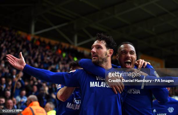 Cardiff City's Sean Morrison celebrates scoring his side's second goal of the game with Kenneth Zohore during the Sky Bet Championship match at the...