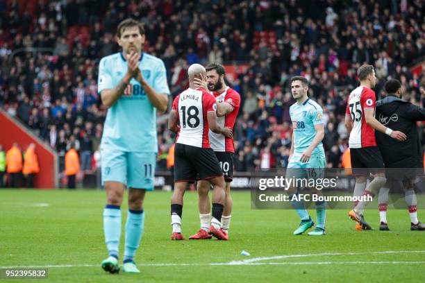 Mario Lemina of Southampton and Charlie Austin of Southampton at the end of their sides 2-1 win during the Premier League match between Southampton...