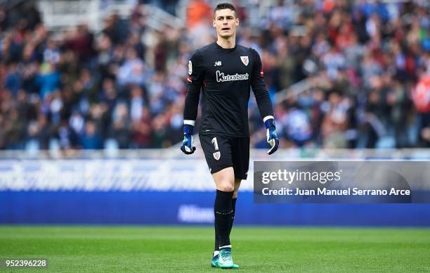 Kepa Arrizabalaga of Athletic Club looks on during the La Liga match between Real Sociedad and Athletic Club at Estadio de Anoeta on April 28, 2018...