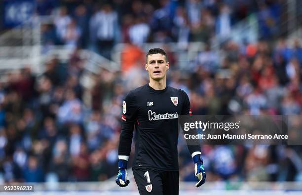 Kepa Arrizabalaga of Athletic Club looks on during the La Liga match between Real Sociedad and Athletic Club at Estadio de Anoeta on April 28, 2018...