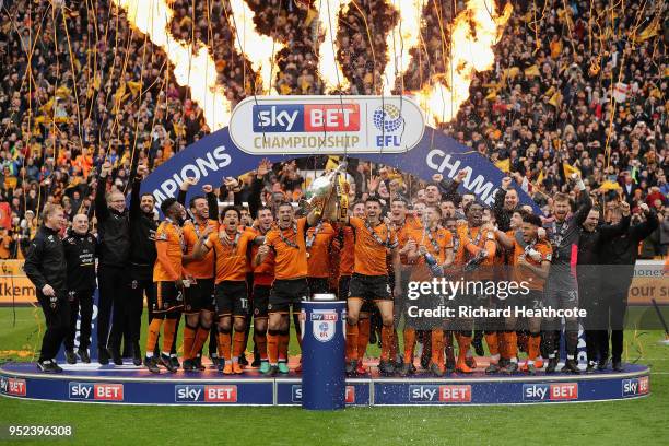 Wolverhampton Wanderers celebrate winning the Sky Bet Championship after the Sky Bet Championship match between Wolverhampton Wanderers and Sheffield...