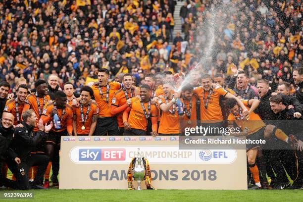 Wolverhampton Wanderers celebrate winning the Sky Bet Championship after the Sky Bet Championship match between Wolverhampton Wanderers and Sheffield...