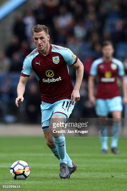 Chris Wood of Burnley in action during the Premier League match between Burnley and Brighton and Hove Albion at Turf Moor on April 28, 2018 in...