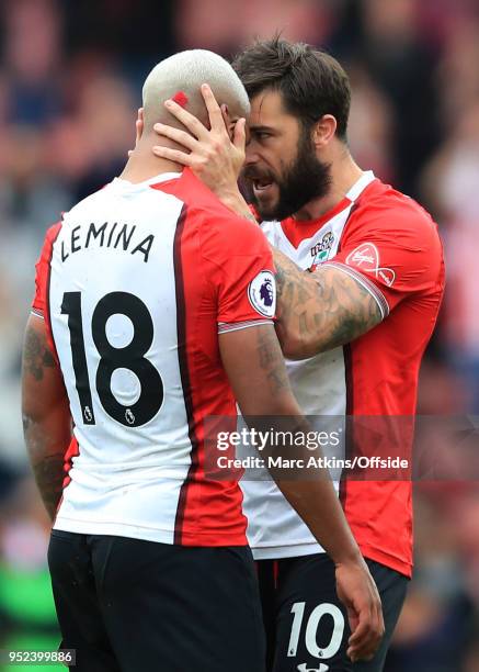 Charlie Austin and Mario Lemina of Southampton celebrate during the Premier League match between Southampton and AFC Bournemouth at St Mary's Stadium...