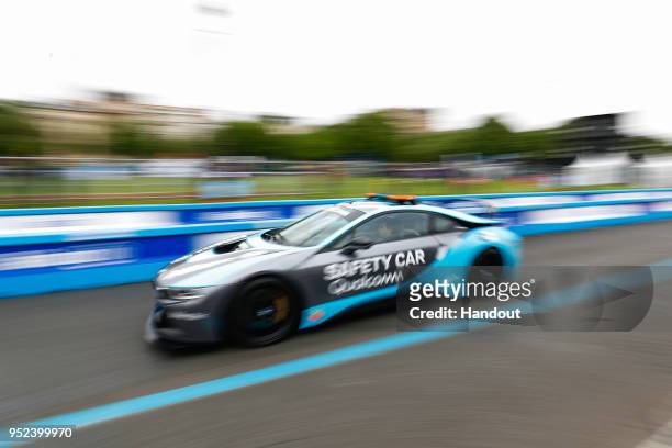 In this handout provided by FIA Formula E, BMW i8 Qualcomm Safety Car. During the Paris E-Prix in the Paris ePrix, Round 8 of the 2017/18 FIA ABB...