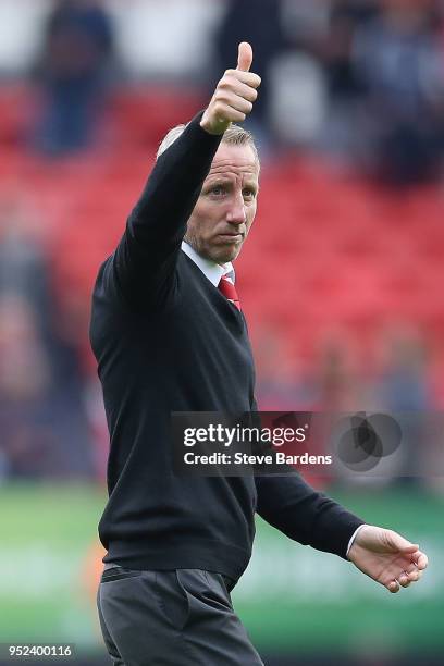 The Charlton Athletic manager, Lee Bowyer gives a thumbs up to the supporters after the Sky Bet League One match between Charlton Athletic and...