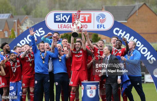 Accrington Stanley players and staff celebrate after winning the league after the Sky Bet League Two match between Accrington Stanley and Lincoln...