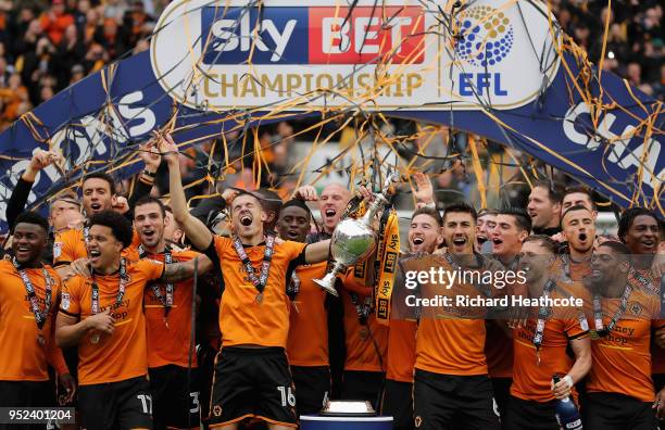 Wolverhampton Wanderers celebrate winning the Sky Bet Championship after the Sky Bet Championship match between Wolverhampton Wanderers and Sheffield...