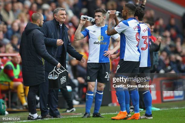 The Blackburn Rovers manager, Tony Mowbray talks to his players during the Sky Bet League One match between Charlton Athletic and Blackburn Rovers at...