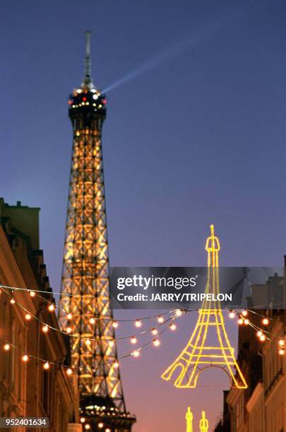 Paris, 7th arrondissement, rue Saint Dominique, Christmas decorations and the Eiffel Tower by night. France: Paris, 7ème arrondissement, rue Saint...