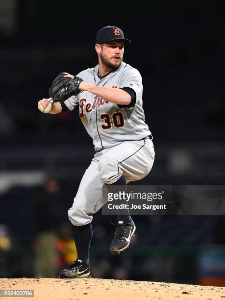 Alex Wilson of the Detroit Tigers pitches during game two of a doubleheader against the Pittsburgh Pirates at PNC Park on April 25, 2018 in...