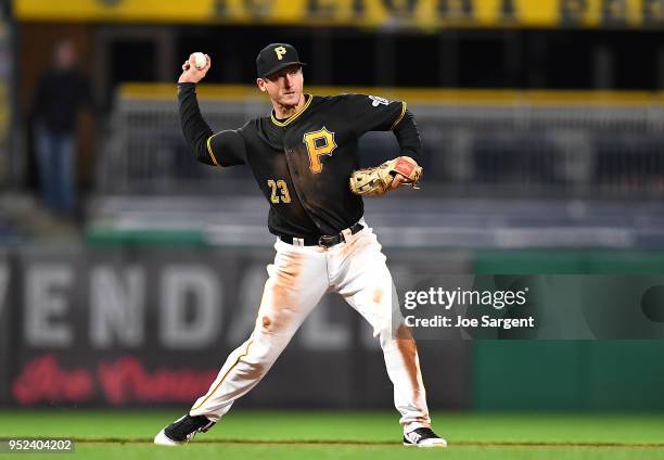 David Freese of the Pittsburgh Pirates in action during game two of a doubleheader against the Detroit Tigers at PNC Park on April 25, 2018 in...