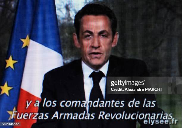 French web channel Elysee.fr video grab made on April 1 shows France's President Nicolas Sarkozy appealing for Colombian rebels to release former...