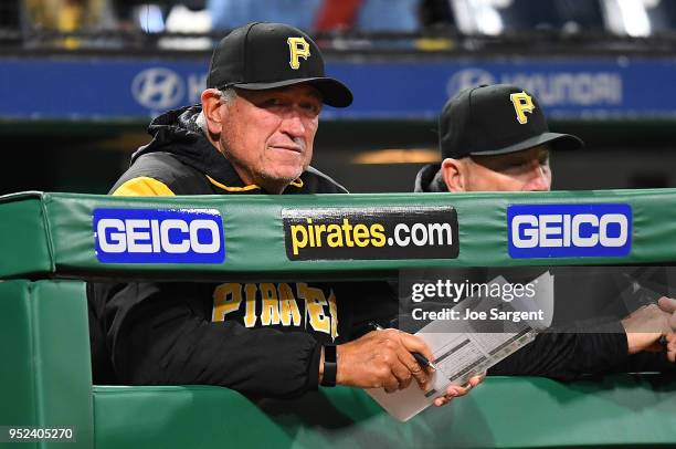 Manager Clint Hurdle of the Pittsburgh Pirates looks on during game two of a doubleheader against the Detroit Tigers at PNC Park on April 25, 2018 in...