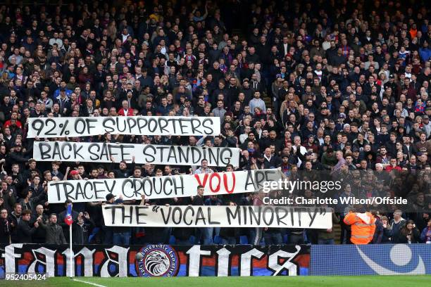 The Palace Ultras hold up a banner reading 92% Of Supporters Back Safe Standing Tracey Crouch You Are The Vocal Minority during the Premier League...