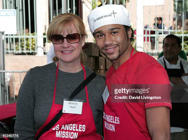 Bonnie Hunt and Corbin Bleu attend Christmas Eve at the Los Angeles Mission on December 24, 2009 in Los Angeles, California.