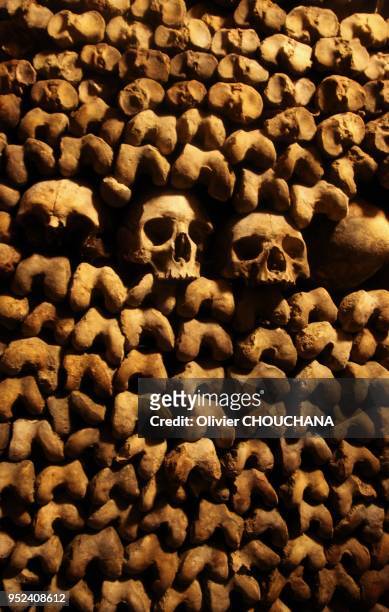 Ossements et crânes humains des parisiens dans les catacombes, le 8 décembre 2014, Paris France.