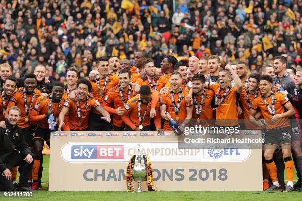 Wolverhampton Wanderers celebrate winning the Sky Bet Championship after the Sky Bet Championship match between Wolverhampton Wanderers and Sheffield...