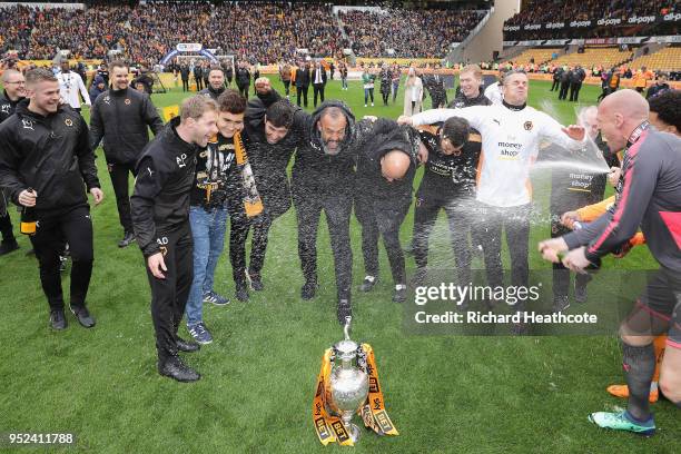 John Ruddy of Wolverhampton Wanderers celebrates after winning the Sky Bet Championship following the Sky Bet Championship match between...