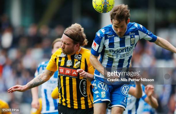 Emil Wahlstrom of BK Hacken and Emil Salomonsson of IFK Goteborg competes for the ball during the Allsvenskan match between IFK Goteborg and BK...