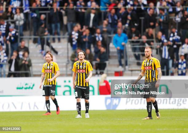 Players of BK Hacken dejected during the Allsvenskan match between IFK Goteborg and BK Hacken at Gamla Ullevi on April 28, 2018 in Gothenburg, Sweden.