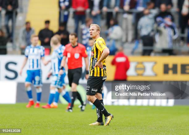 Kari Arkivou of BK Hacken dejected during the Allsvenskan match between IFK Goteborg and BK Hacken at Gamla Ullevi on April 28, 2018 in Gothenburg,...