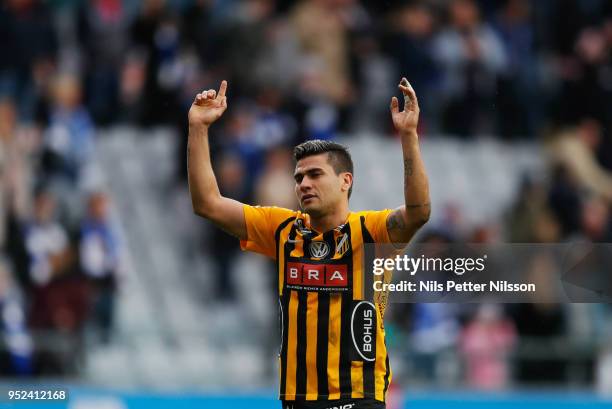 Paulinho of BK Hacken cheers to the fans after the Allsvenskan match between IFK Goteborg and BK Hacken at Gamla Ullevi on April 28, 2018 in...