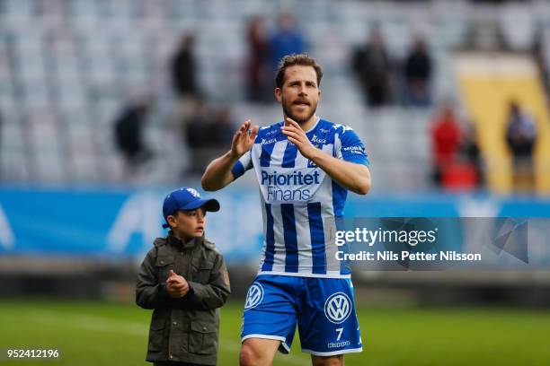 Tobias Hysen of IFK Goteborg celebrates after the victory during the Allsvenskan match between IFK Goteborg and BK Hacken at Gamla Ullevi on April...