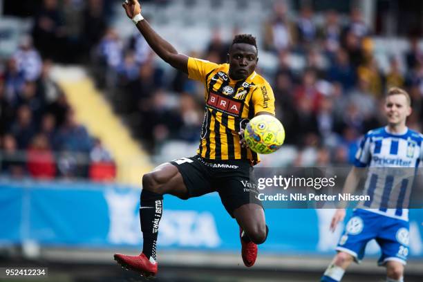 Alhassan Kamara of BK Hacken shoots during the Allsvenskan match between IFK Goteborg and BK Hacken at Gamla Ullevi on April 28, 2018 in Gothenburg,...