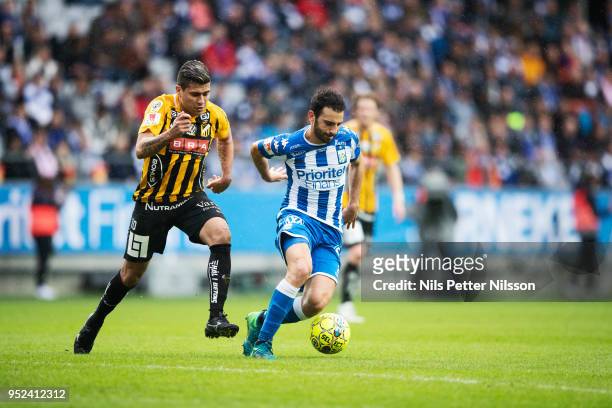 Paulinho of BK Hacken and Andre Calisir of IFK Goteborg competes for the ball during the Allsvenskan match between IFK Goteborg and BK Hacken at...