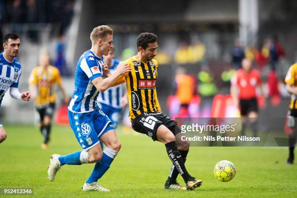 Victor Wernersson of IFK Goteborg and Daleho Irandust of BK Hacken competes for the ball during the Allsvenskan match between IFK Goteborg and BK...
