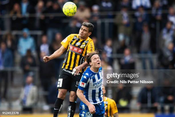 Paulinho of BK Hacken and August Erlingmark of IFK Goteborg competes for the ball during the Allsvenskan match between IFK Goteborg and BK Hacken at...