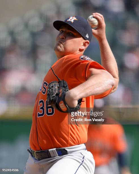 Will Harris of the Houston Astros pitches against the Chicago White Sox on April 22, 2018 at Guaranteed Rate Field in Chicago, Illinois. Will Harris