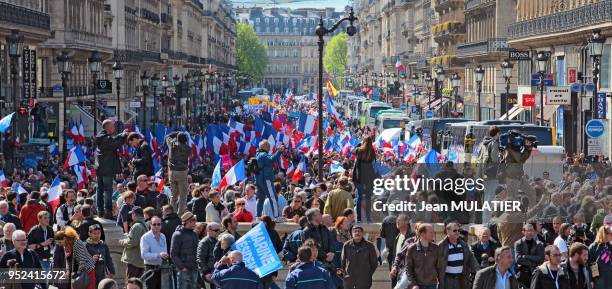 French Far Right Party May Day demonstration on Opera avenue on May 1, 2012 in Paris, France.