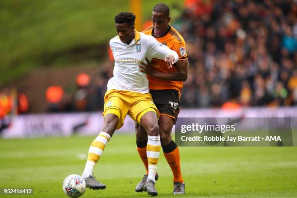 Lucas Joao of Sheffield Wednesday and Willy Boly of Wolverhampton Wanderers during the Sky Bet Championship match between Wolverhampton Wanderers and...