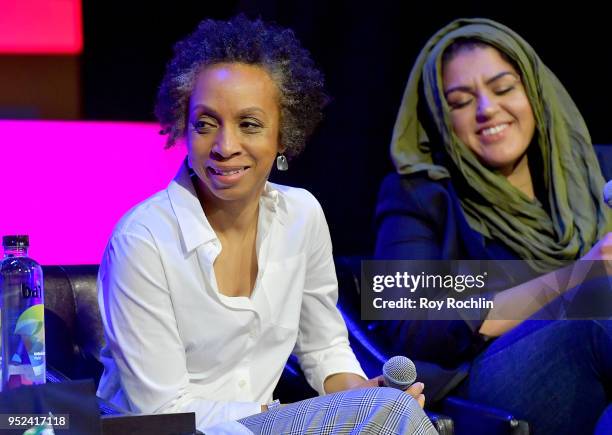 Nina Shaw and Amani Al-Khatahtbeh speak onstage at "Time's Up" during the 2018 Tribeca Film Festival at Spring Studios on April 28, 2018 in New York...